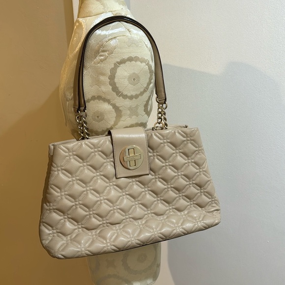 Kate Spade Quilted Leather Coffee Cream Goldtone Chain Pockets Shoulder Bag - Picture 1 of 16